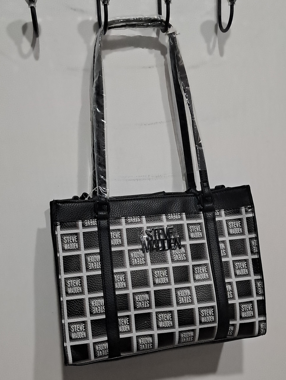 Steve Madden Black and White Logo Grid Tote